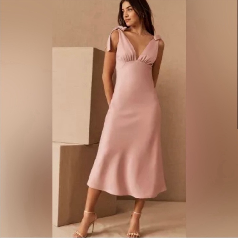 Pink Midi Sundress with Plunge Neckline and Cap Sleeves